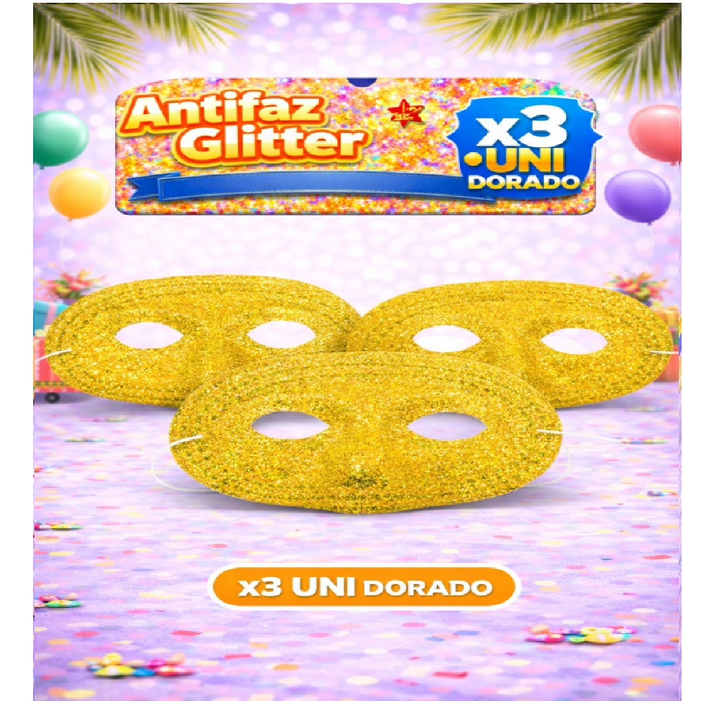 Antifaz Glitter x3 - Accesorio Fiesta y Disfraz