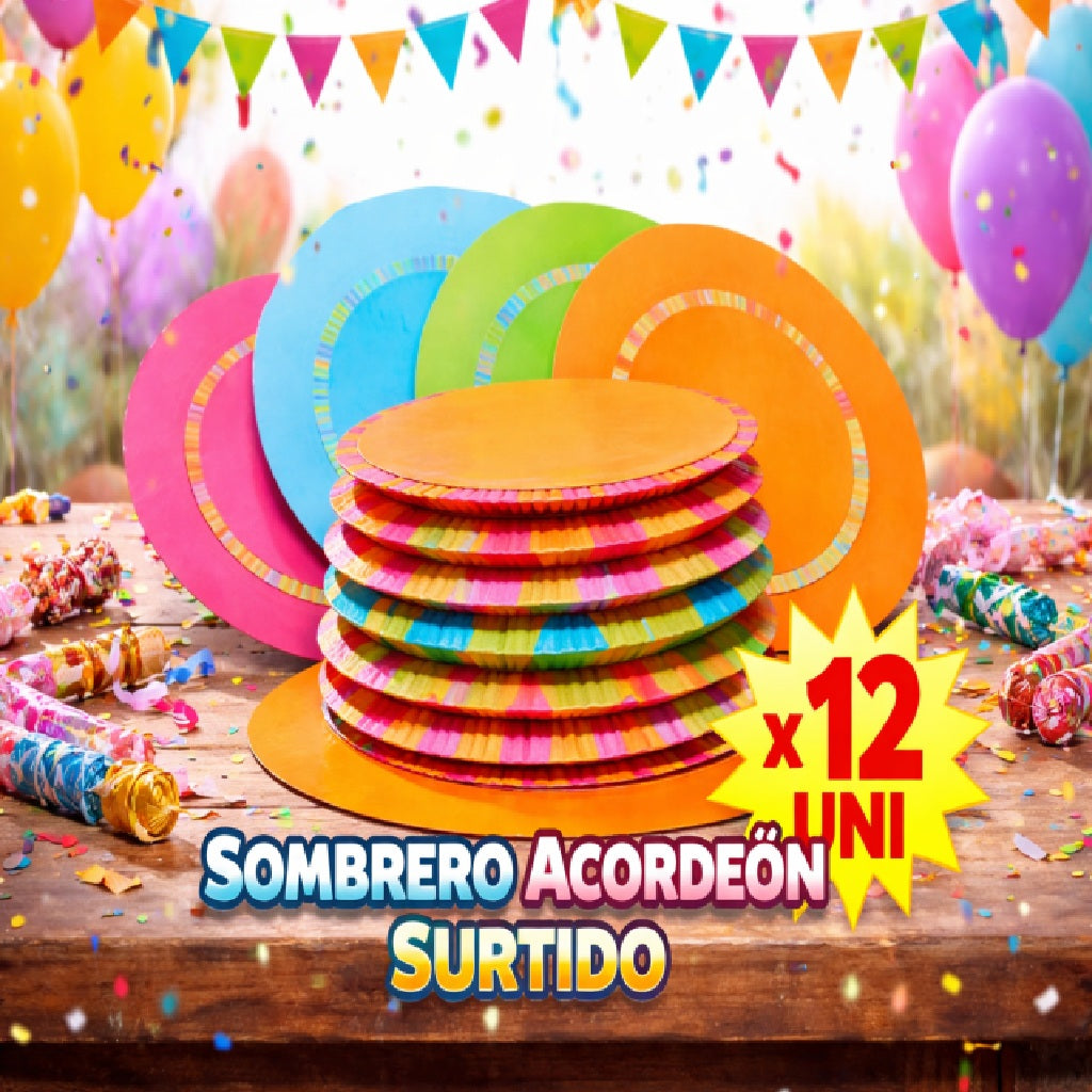 Sombreros Acordeón Surtidos x12 – Sombreros para Fiesta y Cumpleaños