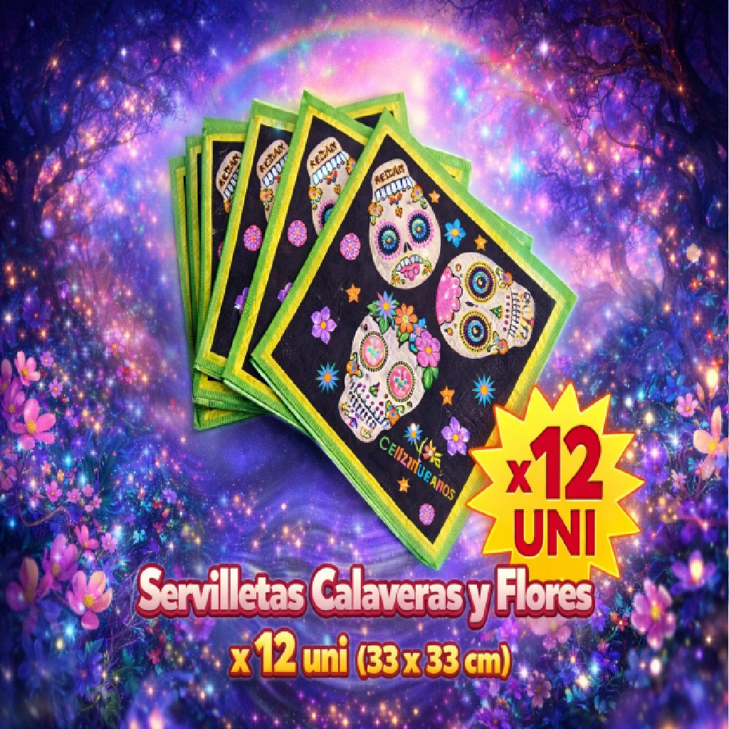 Servilletas Calaveras y Flores x12 – Servilletas Decorativas para Fiesta