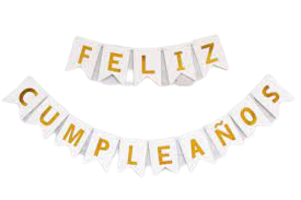 Guirnaldas Feliz Cumpleaños Banderin F/C Fondo Blanco & Letra Oro