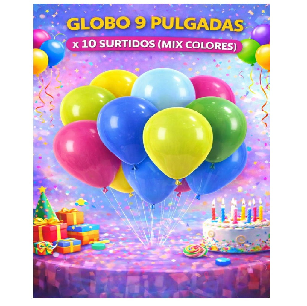 Globo 9" Colores Sólidos x10 - Globos de Látex para Decoración