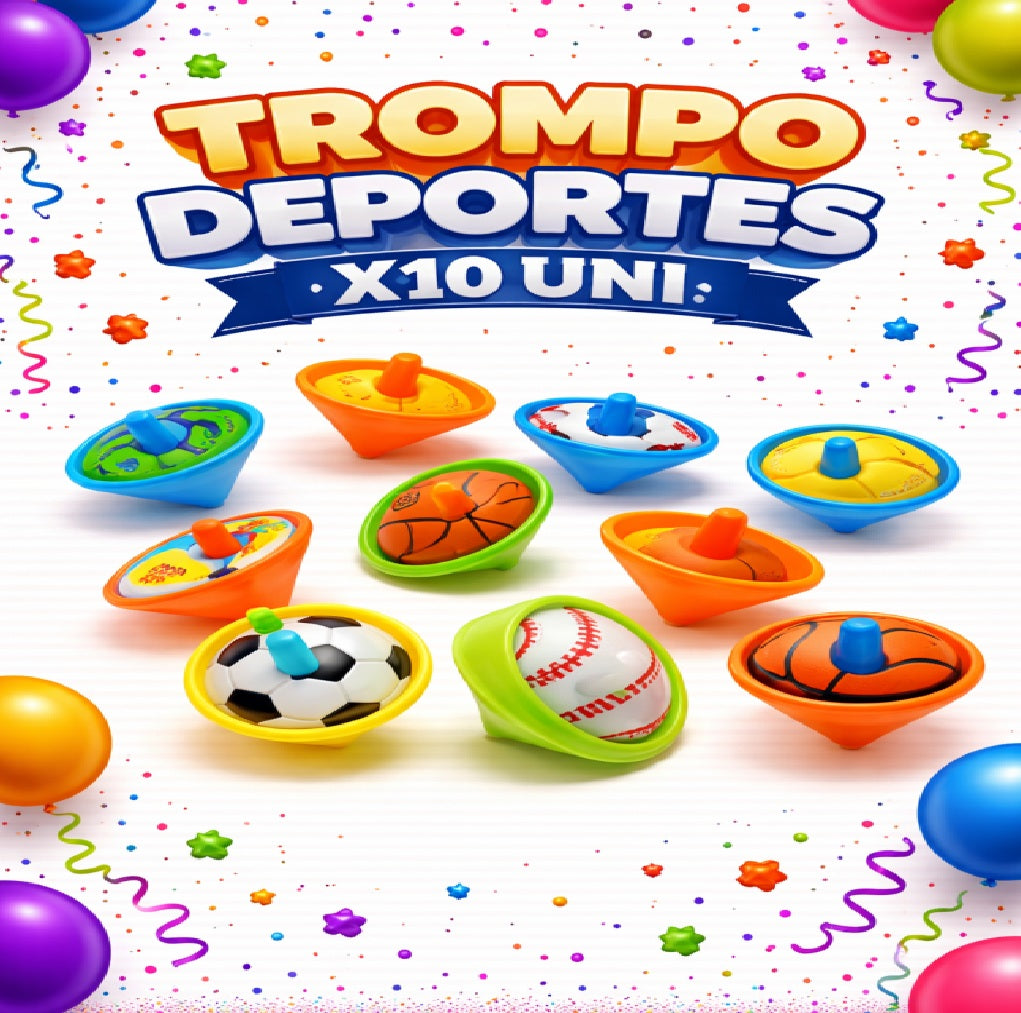Trompo Deportes x10 Uni – Trompos Infantiles Temática Deportiva para Cumpleaños y Bolsas Sorpresa