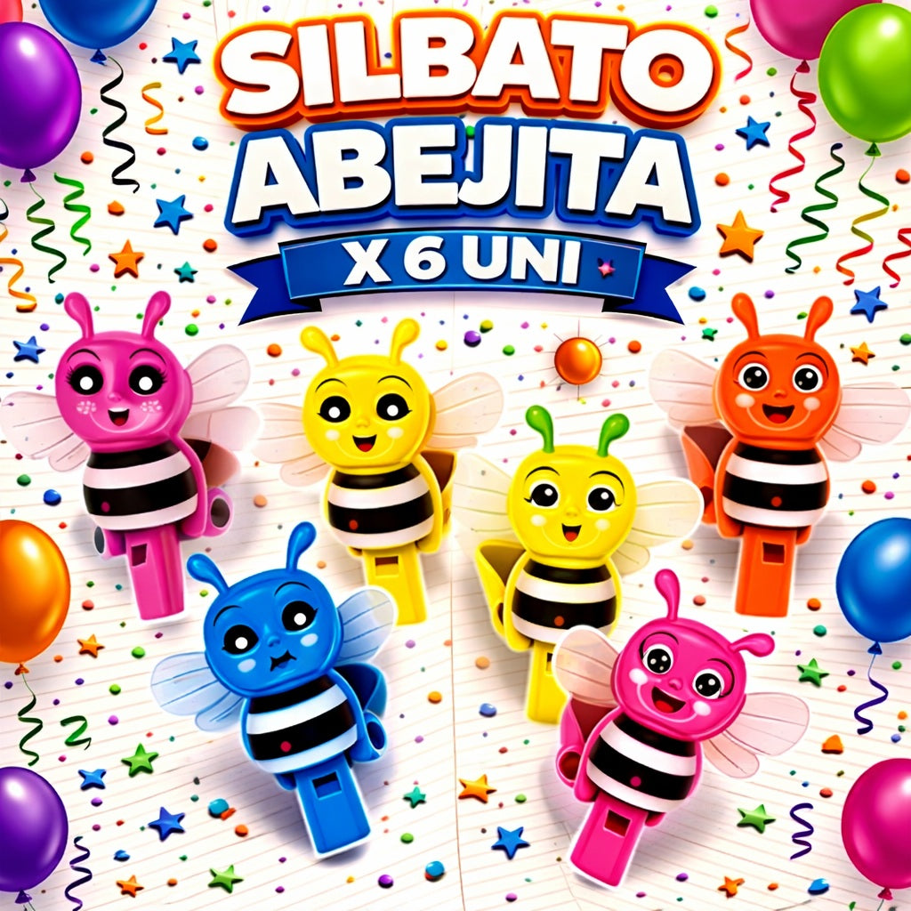 Silbato Abejita x6 Uni – Silbatos Infantiles para Cumpleaños, Cotillón y Bolsas Sorpresa