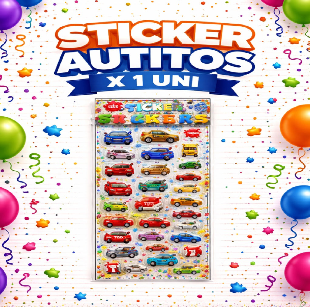 Sticker Autitos x1 Uni – Stickers Infantiles de Autos para Cumpleaños, Bolsas Sorpresa y Regalos